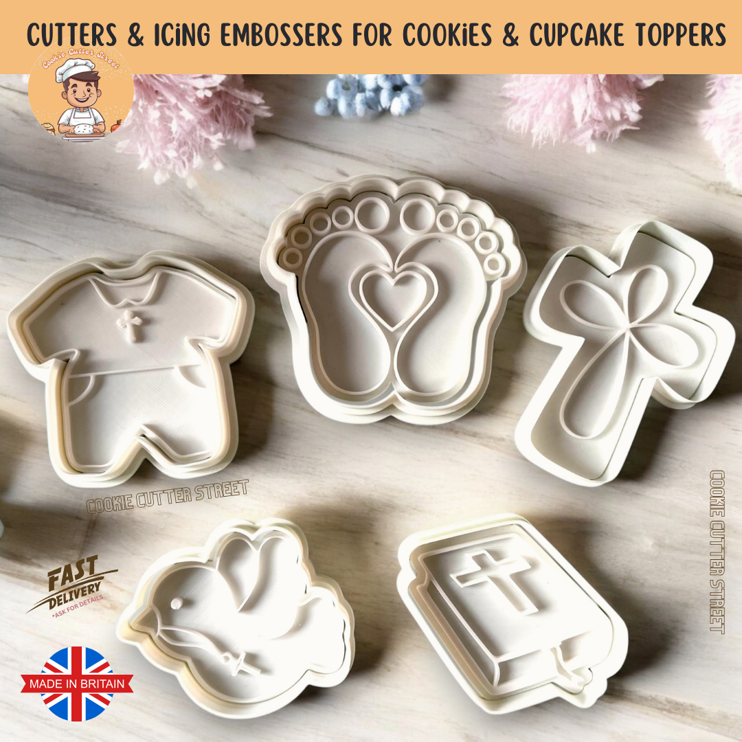Set of 5 Baptism & Christening Cookie Cutters, including a cross, baby feet with a heart, dove, Holy Bible, and christening romper. Perfect for making religious celebration treats.
