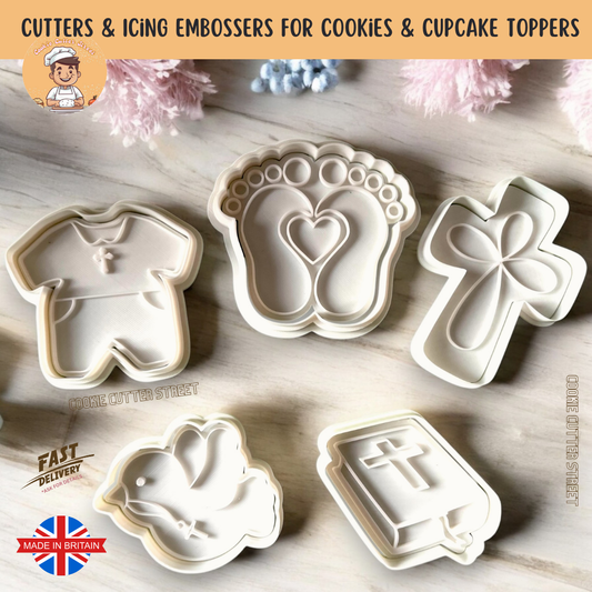 Set of 5 Baptism & Christening Cookie Cutters, including a cross, baby feet with a heart, dove, Holy Bible, and christening romper. Perfect for making religious celebration treats.