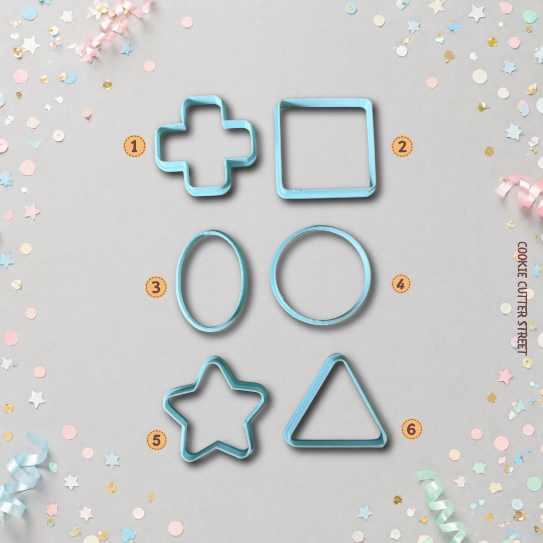 Basic shapes cookie cutter set including circle, square, oval, star, triangle and cross for versatile baking and decorating.
