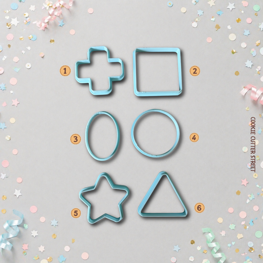 Basic shapes cookie cutter set including circle, square, oval, star, triangle and cross for versatile baking and decorating.