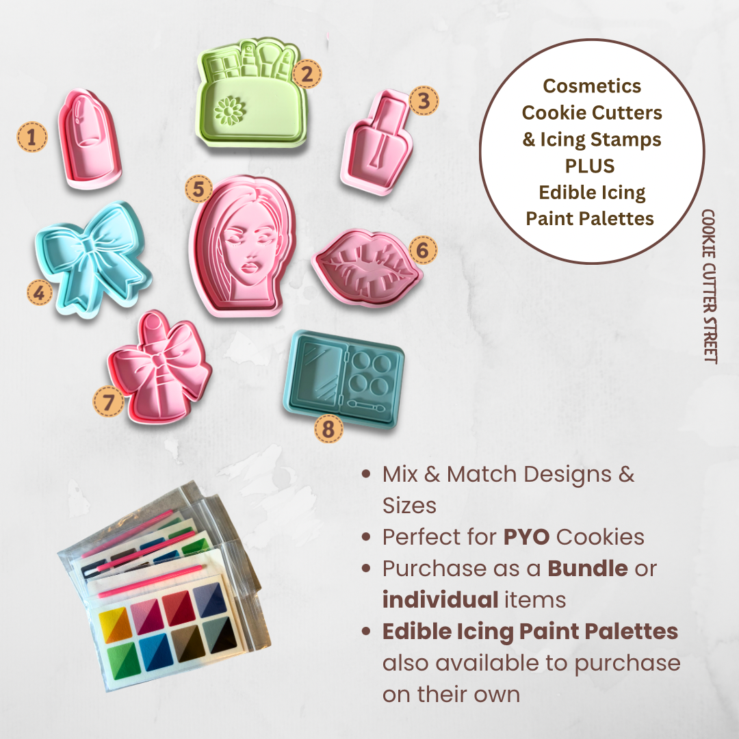 Beauty-themed cookie cutter and stamp collection featuring lipstick, makeup, lips, bows and glam designs, perfect for PYO cookies and party bakes.