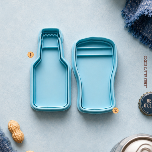 Beer bottle and pint glass cookie cutter set for Father’s Day, birthdays, stag parties and beer-themed celebration cookies.