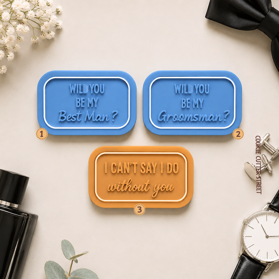Wedding proposal cookie stamps featuring Best Man, Groomsman and I Can’t Say I Do Without You imprint designs.