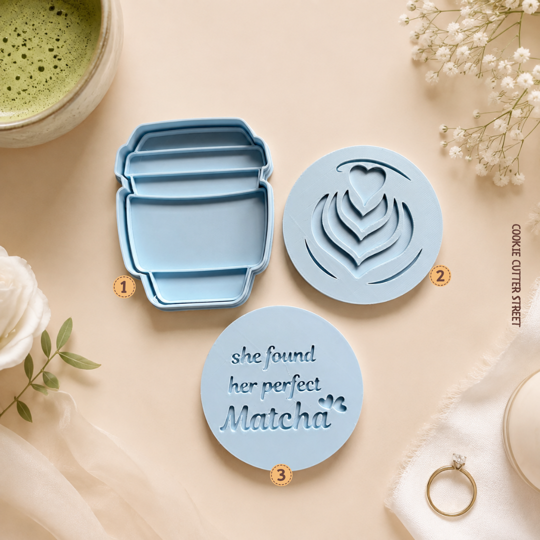 Matcha and latte art cookie cutters and icing stamps featuring takeaway cup, heart latte art and She Found Her Perfect Matcha bridal message.