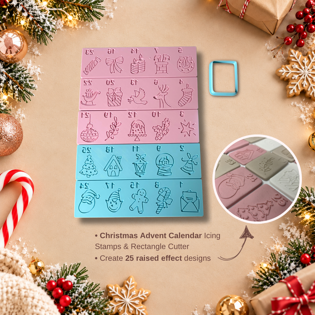Christmas Advent Calendar Icing Stamp Set & Matching Rectangle Cookie Cutter – 25 Raised Effect Designs