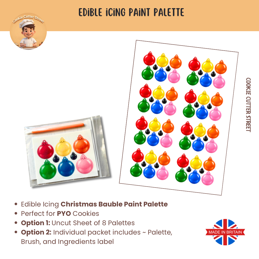 Christmas bauble edible icing paint palettes for PYO cookies featuring six colourful edible paints, available as an uncut sheet of 8 or individually packaged with paintbrush and ingredients label, made in the UK by Cookie Cutter Street.