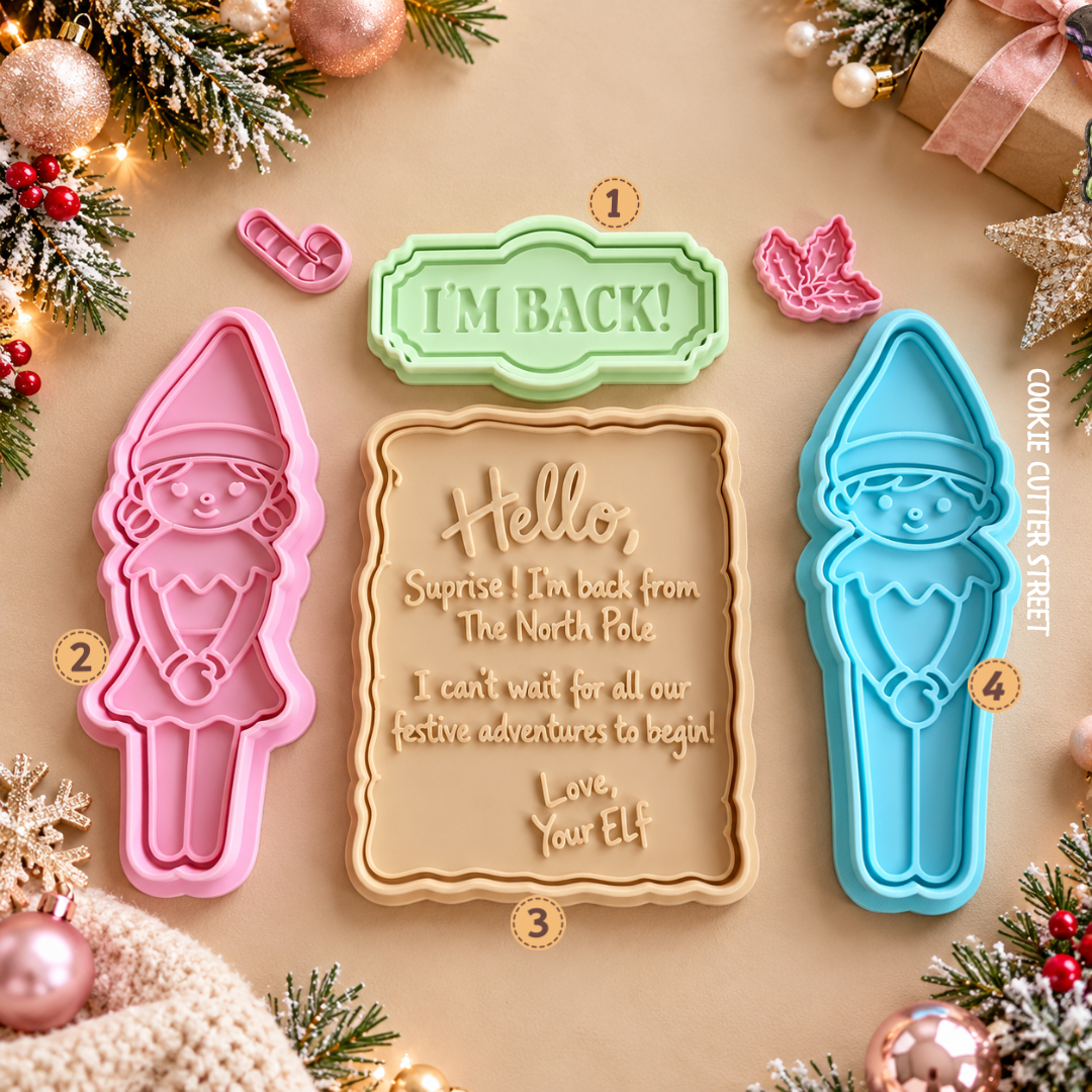 Christmas Elf Arrival Icing Stamps & Cookie Cutters | I'm Back, Elf Letter & Festive Designs