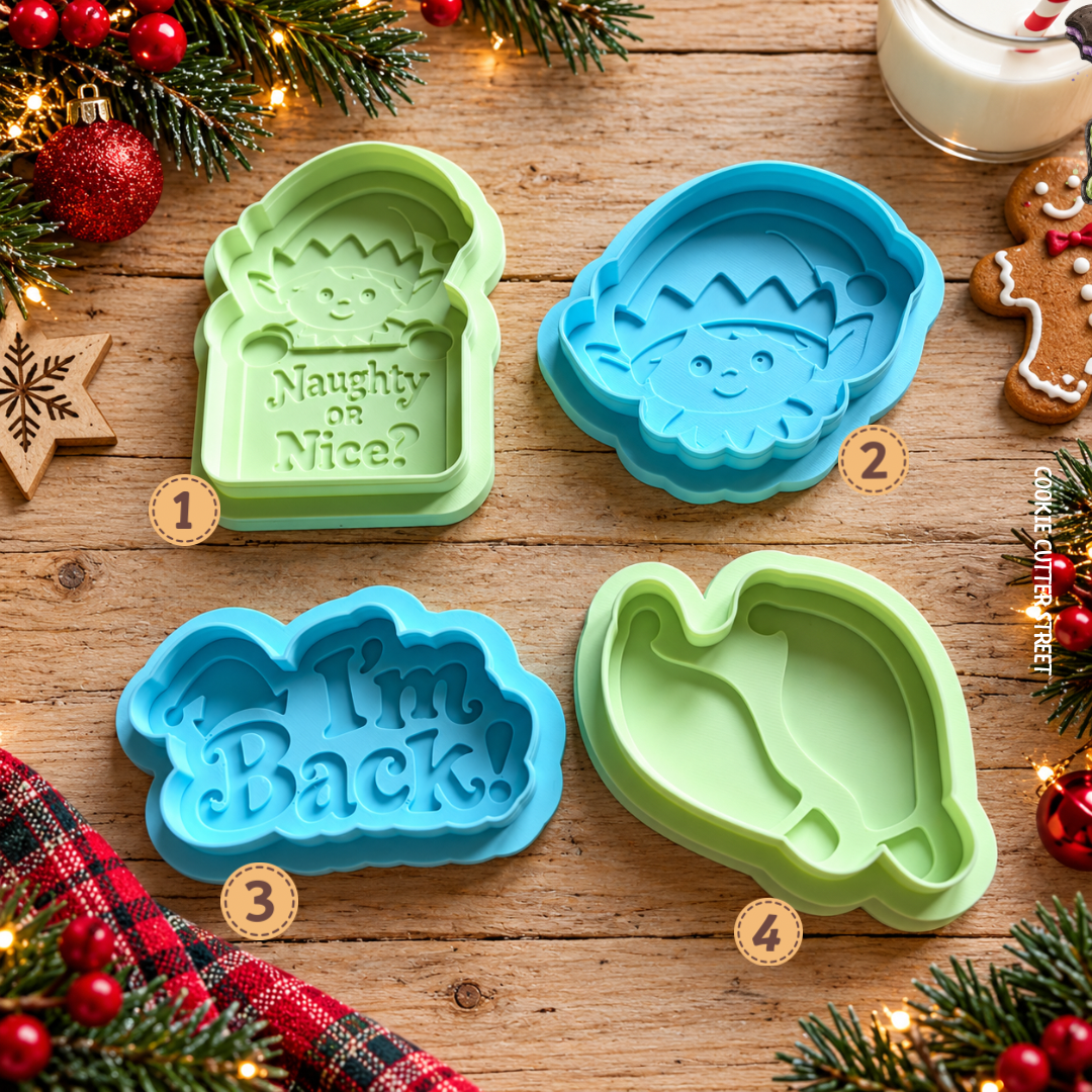 Christmas mischief multi-level icing stamps featuring Naughty or Nice festive helper, Christmas character face, I’m Back message and festive legs for Christmas cookies