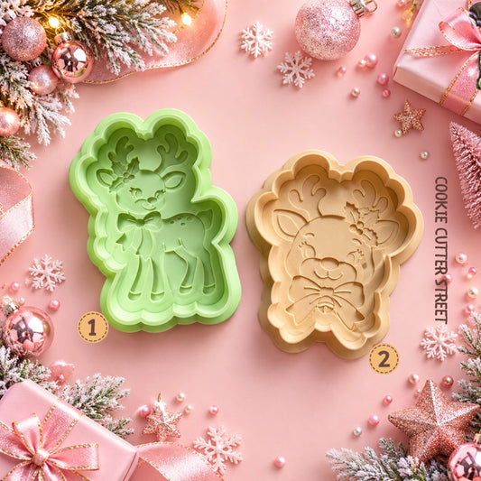 Christmas reindeer multi-level icing stamps and cookie cutters featuring two cute festive reindeer designs with bows, antlers and holly by Cookie Cutter Street.