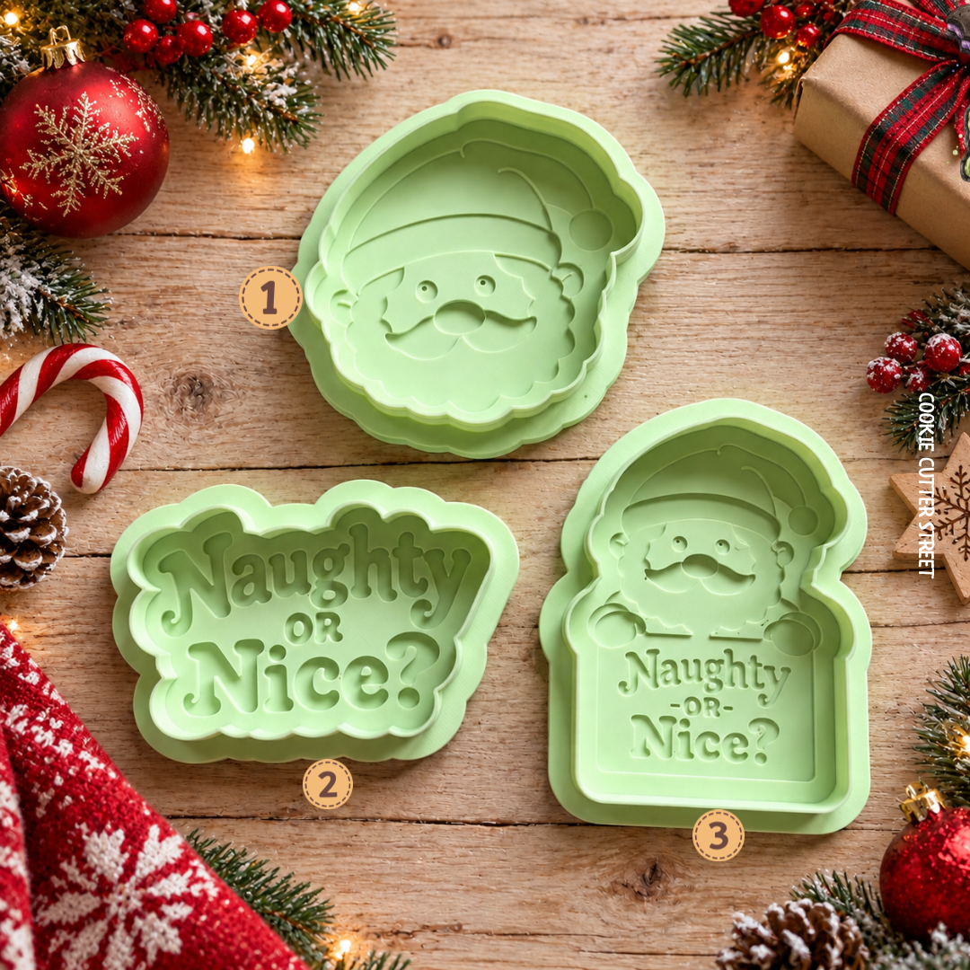 Christmas Santa and Naughty or Nice multi-level icing stamps for festive fondant cookies, Christmas biscuits and Santa themed baking