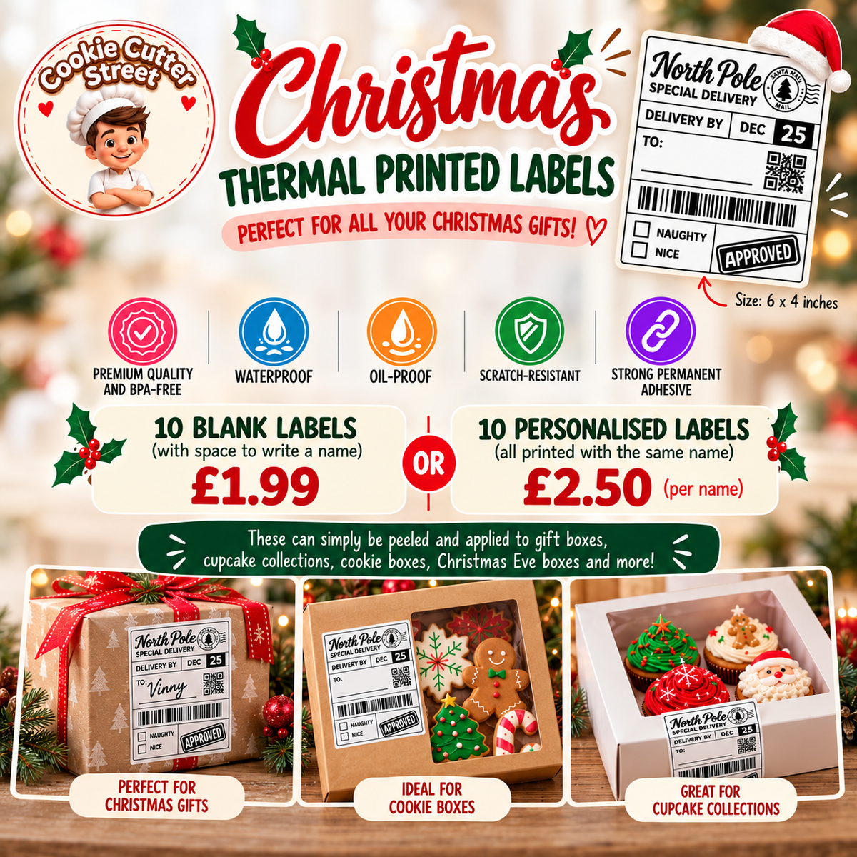 Promotional graphic for North Pole Christmas Thermal Printed Labels by Cookie Cutter Street, showing sample blank and personalized labels, product icons, pricing, and three example applications on wrapped gift boxes against a festive blurred Christmas background.