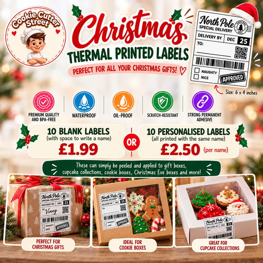 Promotional graphic for North Pole Christmas Thermal Printed Labels by Cookie Cutter Street, showing sample blank and personalized labels, product icons, pricing, and three example applications on wrapped gift boxes against a festive blurred Christmas background.