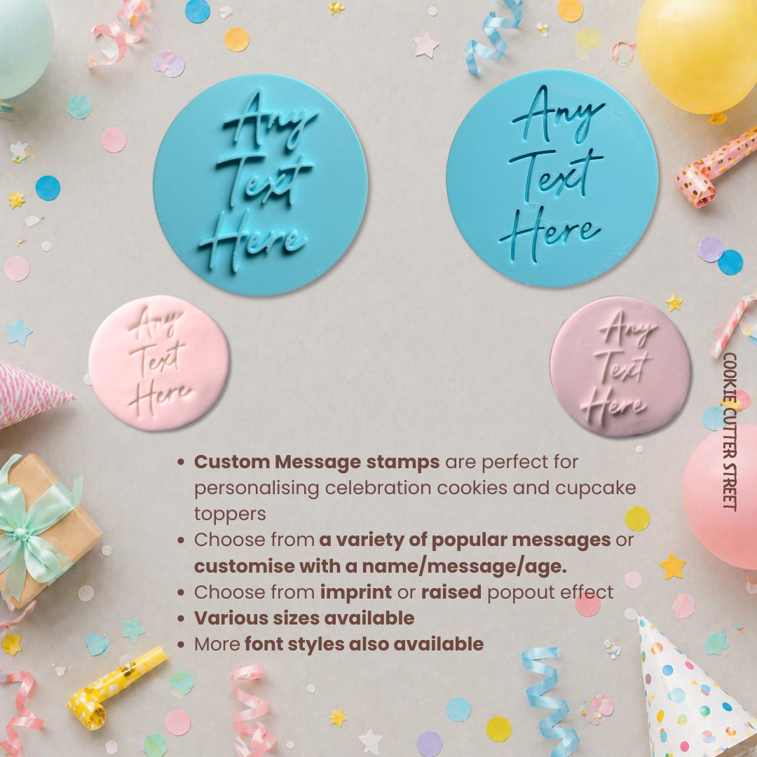 Custom message stamps with 'Any Text Here' on a celebratory background with balloons and confetti.