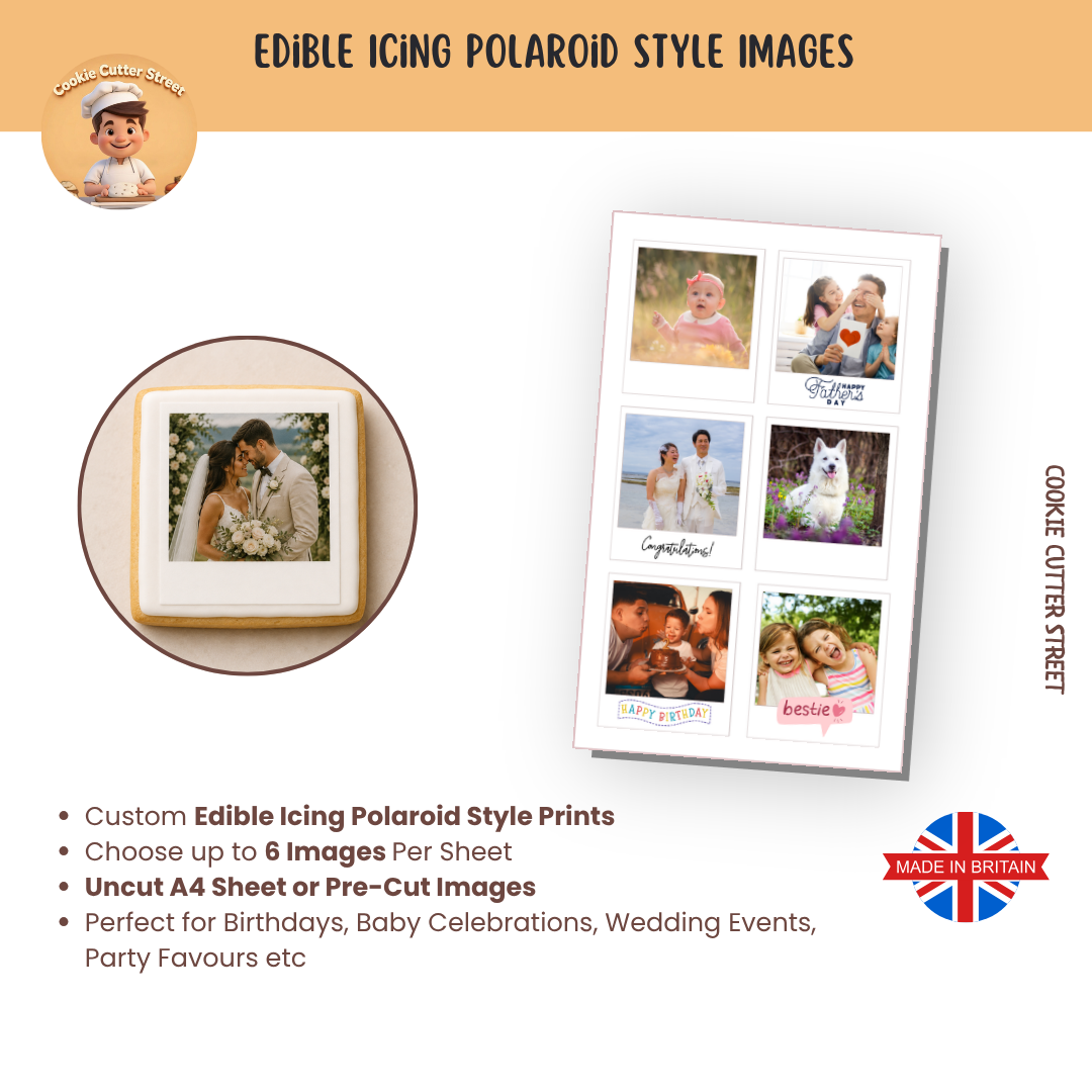Promotional graphic for custom edible icing Polaroid-style photo prints. The layout shows a circular sample of a single printed photo with a cream-colored border, a larger sample sheet with six sample photos and handwritten labels, and text describing customization options, bulk buy prices, and use cases like birthdays, baby celebrations, and wedding events.
