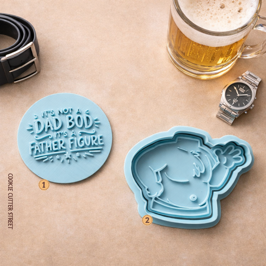 Blue cookie cutter and imprint stamps featuring funny “Dad Bod” quote and BBQ dad character design for Father’s Day cookies.