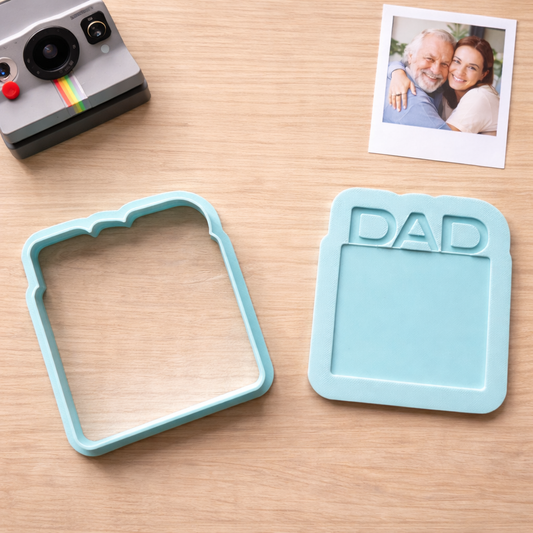 Light blue cookie cutter and stamp set with “Dad” frame design, ideal for edible photo cookies or personalised Father’s Day treats.