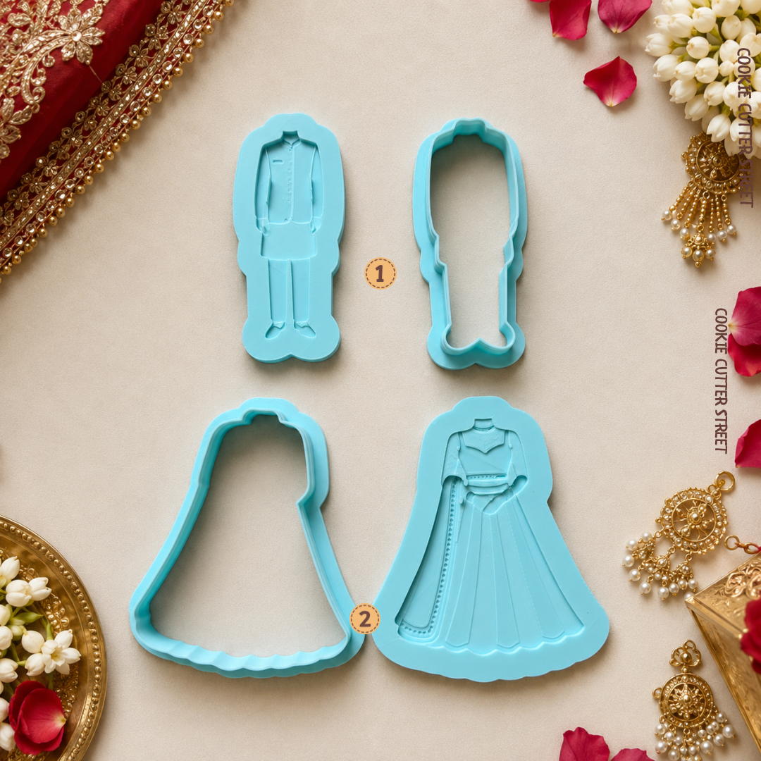Desi bride and groom multi-level cookie stamps inspired by traditional South Asian wedding attire, perfect for wedding favours, mehndi celebrations and engagement parties.