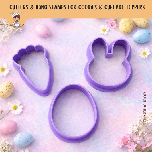 Purple Easter cookie cutters including a carrot, bunny head and egg shape on a pastel spring background.
