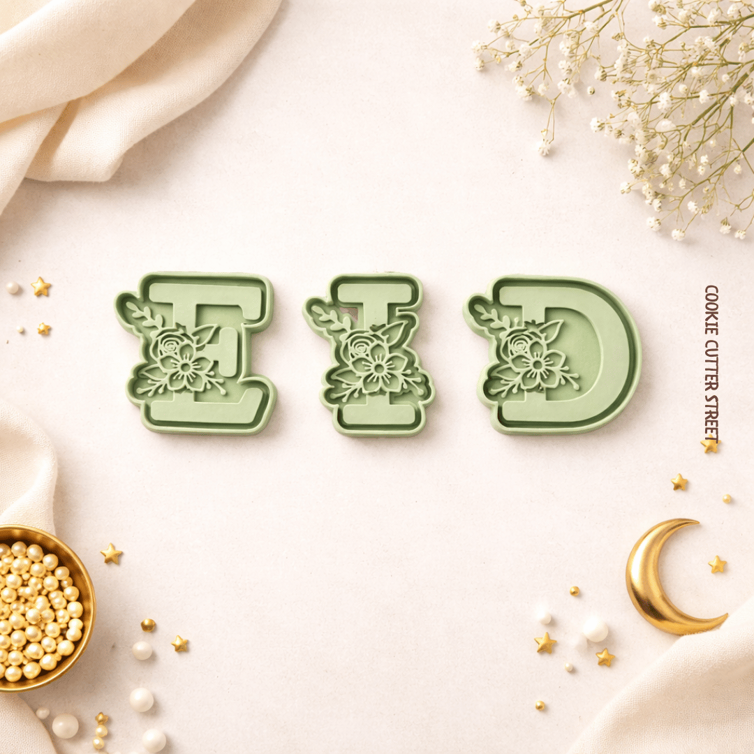 EID floral letter cookie cutter and embosser set designed for elegant Eid cookies, fondant decorating, and celebration baking.