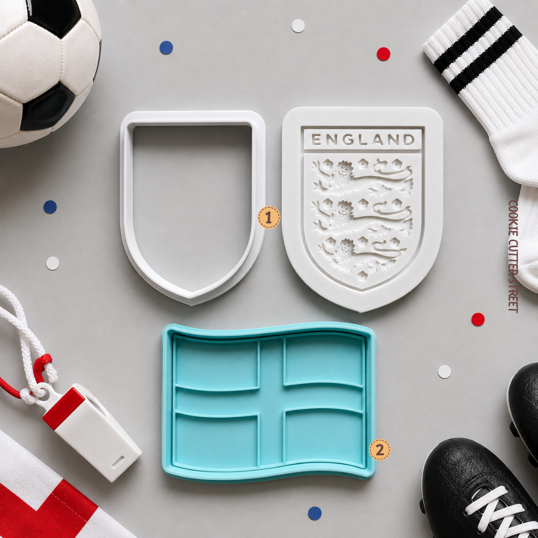 England football crest multi-level cookie stamp and St George's flag imprint stamp for football-themed cookies and England supporter celebrations.