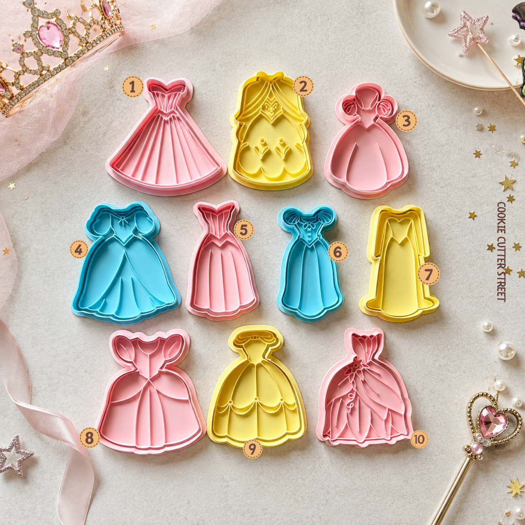 Fairytale princess dress cookie cutters and imprint icing stamps featuring ten different princess ballgown and royal dress designs for birthday cookies.