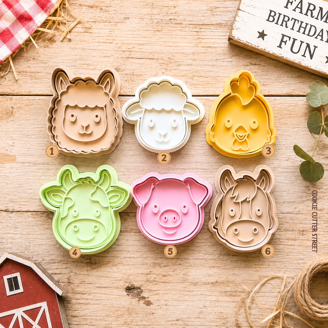 Cute farm animal cookie stamp collection featuring alpaca, sheep, chicken, cow, pig and horse face designs for farm-themed birthdays and children’s celebrations.