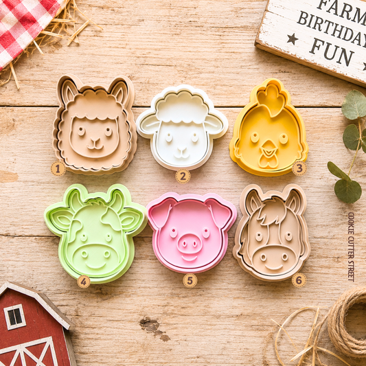 Cute farm animal cookie stamp collection featuring alpaca, sheep, chicken, cow, pig and horse face designs for farm-themed birthdays and children’s celebrations.