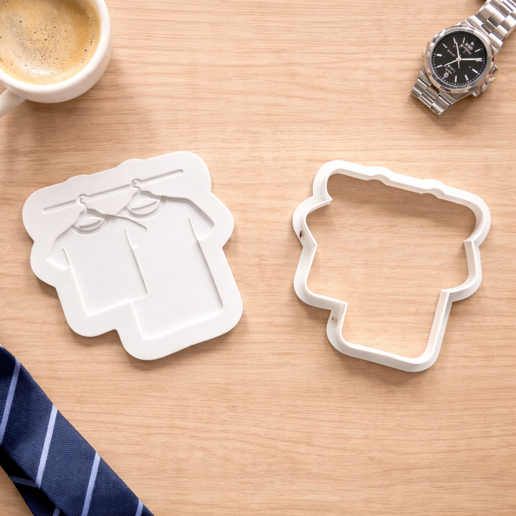 White cookie cutter and stamp set featuring father and child hanging t-shirts, ideal for personalised Father’s Day cookies.