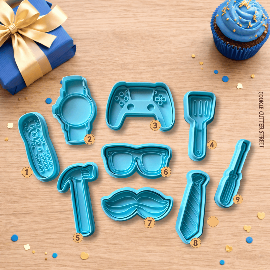 Dad-themed cookie cutter collection featuring gaming controller, remote control, watch, tie, tools, sunglasses and moustache designs for Father’s Day and birthday cookies.
