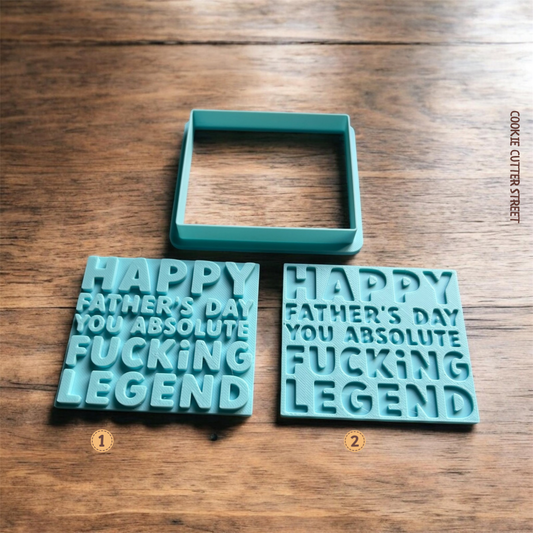 Square cookie stamp and embosser with bold Father’s Day message, available in imprint or raised lettering effect.
