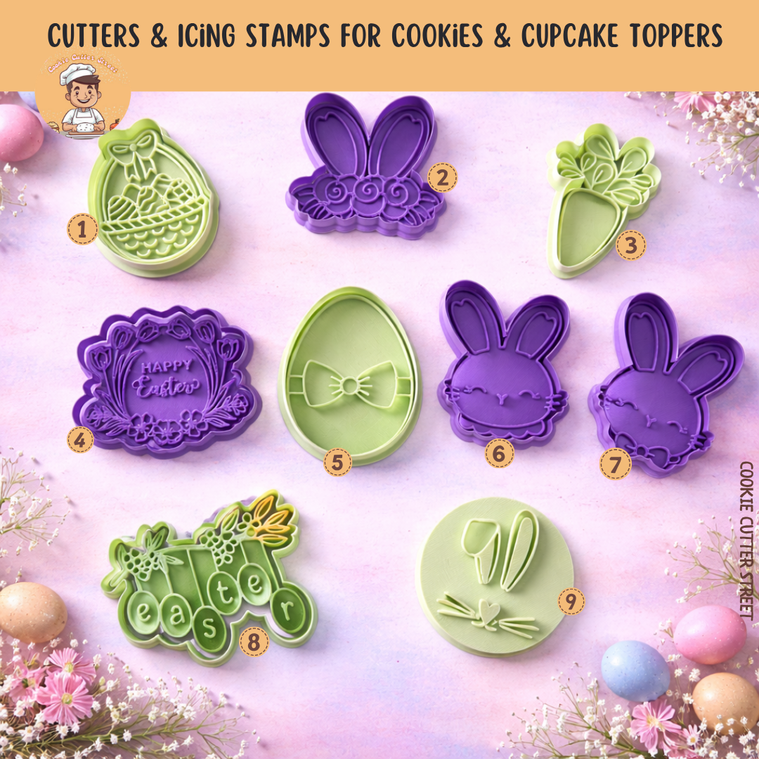 Set of Easter-themed cookie cutters and icing stamps on a colorful background with flowers and eggs.