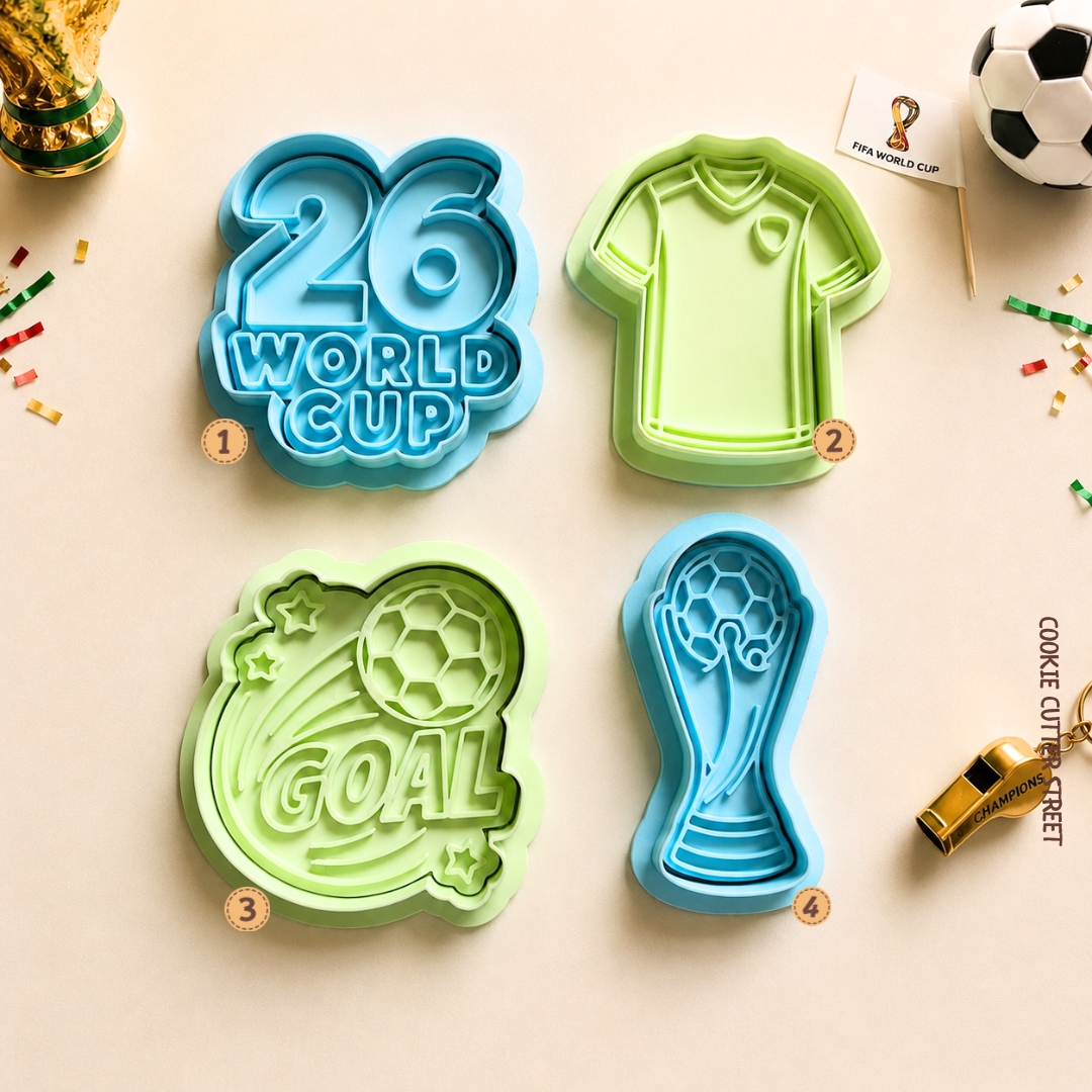 Football World Cup cookie cutter and imprint stamp collection featuring World Cup 2026, football shirt, goal and trophy designs.