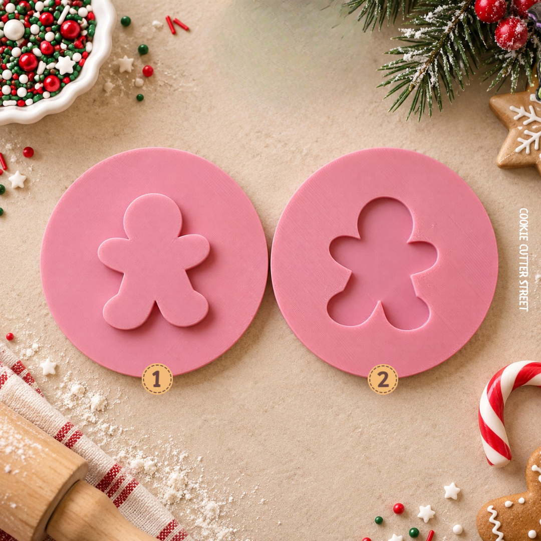 **Gingerbread Man Christmas icing stamps in imprint and raised popout styles for festive fondant cookies and Christmas baking**
