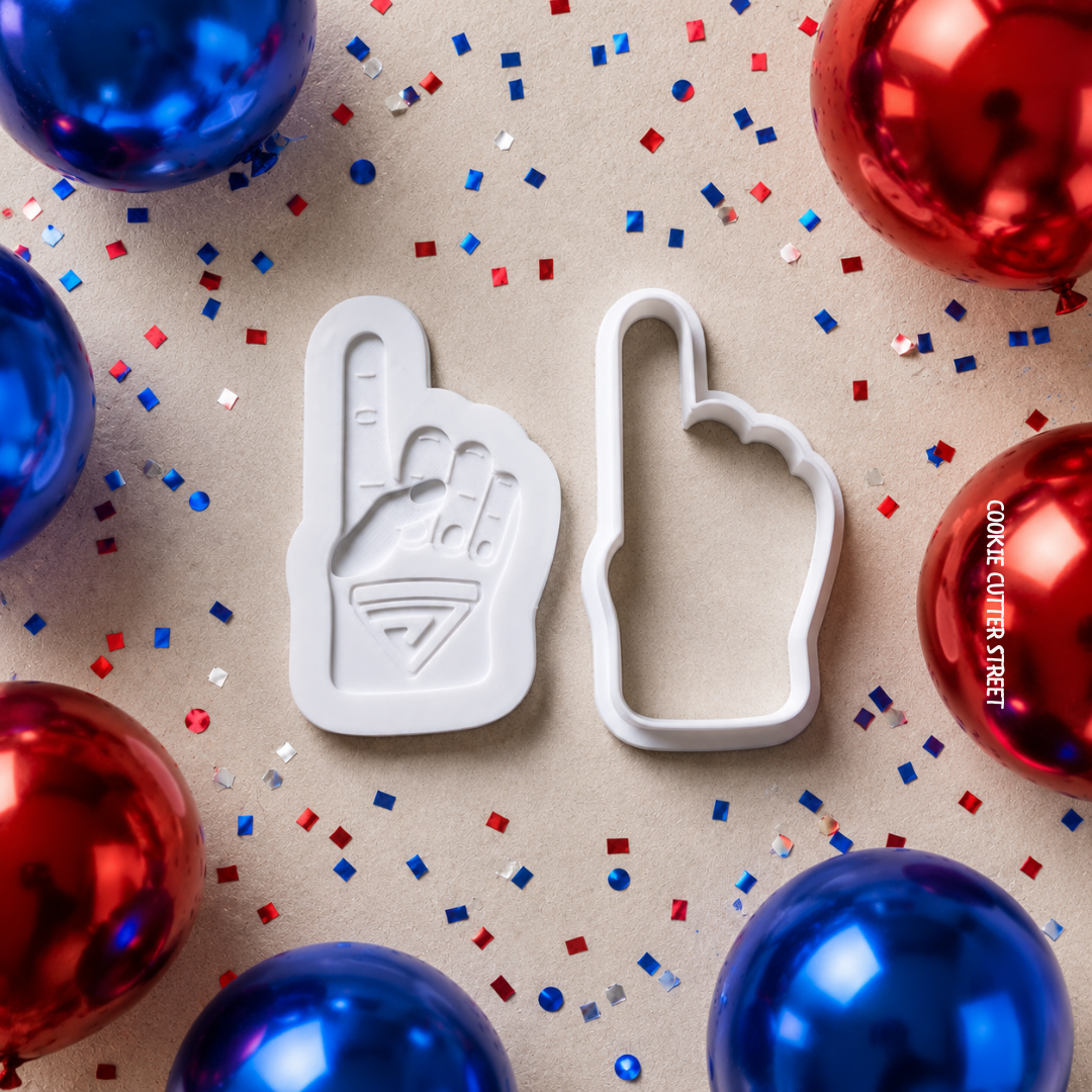 Foam hand cookie cutter and raised 3D multi-level icing stamp for sports-themed cookies and viewing parties.