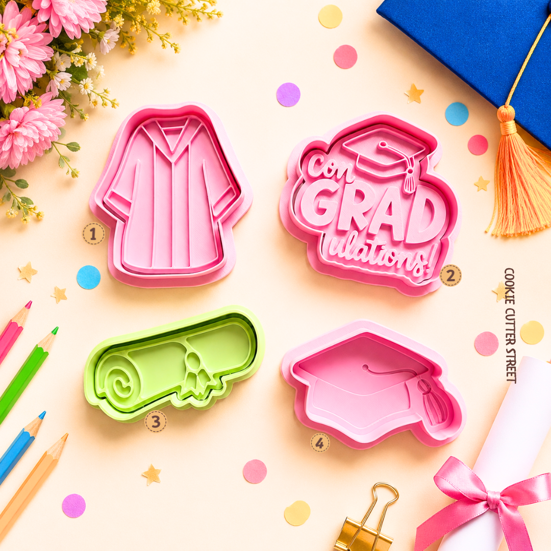 Graduation cookie cutter and stamp collection featuring a graduation gown, diploma scroll, graduation cap and congratulations design.