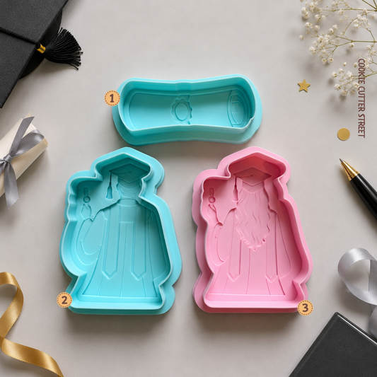 graduation-cookie-cutter-Graduation cookie cutter collection featuring graduate boy, graduate girl and diploma scroll multi-level stamps for graduation parties and celebration cookies.