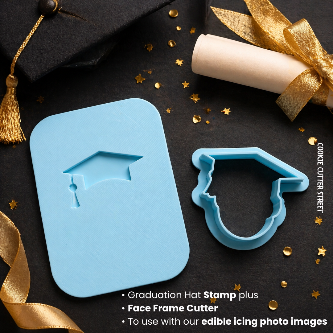 Graduation hat cookie cutter with face opening and matching icing stamp, designed for use with edible photo images for personalised graduation cookies.