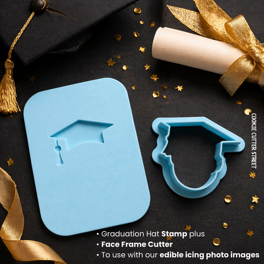 Graduation hat cookie cutter with face opening and matching icing stamp, designed for use with edible photo images for personalised graduation cookies.