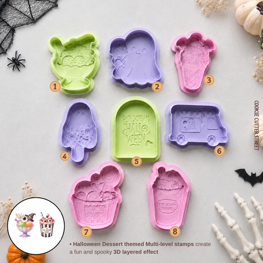 Halloween dessert multi-level cookie stamps featuring spooky ice cream sundae, ghost, ice lolly, ice cream cone, gravestone, ice cream van, Spooky Scoops tub and Eye-Scream Shake designs.