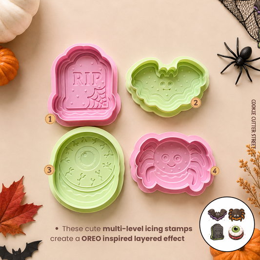 Halloween multi-level icing stamp collection featuring a RIP gravestone, cute bat, creepy eyeball and spider designs for creating layered Oreo-inspired Halloween cookies.