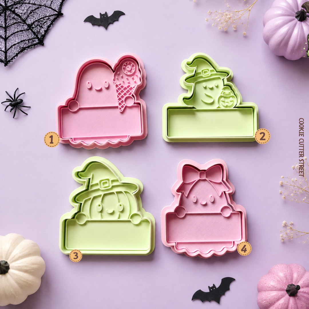 Personalised Halloween imprint cookie stamps and cutters featuring ghost, witch and bow ghost designs with blank plaques for adding names or Halloween messages.