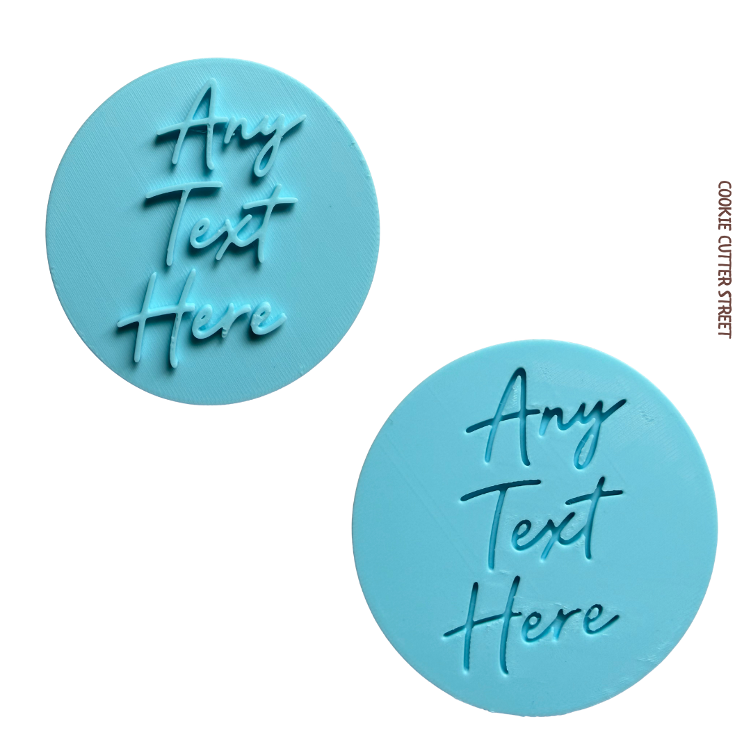 Two blue circular cookie stamps with 'Any Text Here' text on a white background.