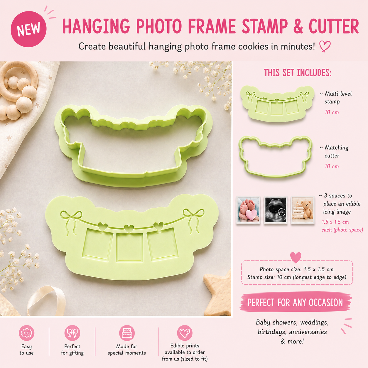 Hanging photo frame cookie stamp and cutter set with three edible image spaces, perfect for personalised baby shower, birthday and celebration cookies.