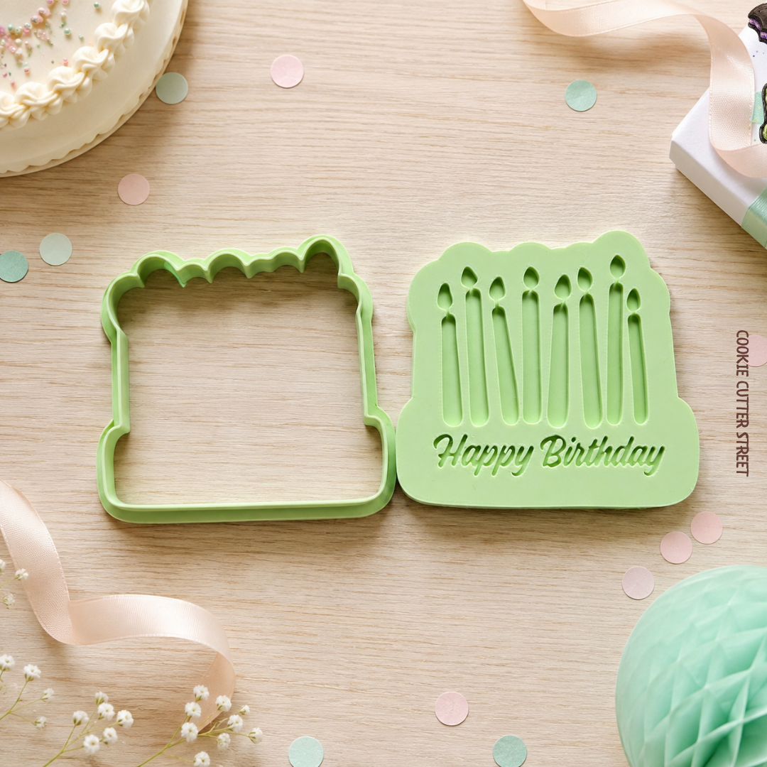 Happy Birthday candles raised pop-out effect icing stamp and matching cookie cutter for fondant birthday cookies.