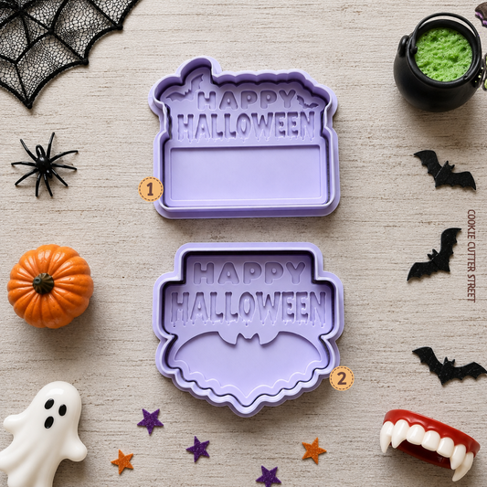 Happy Halloween personalised name plaque cookie stamps and cutters with bat designs and blank areas for custom names, creating a raised pop-out icing effect