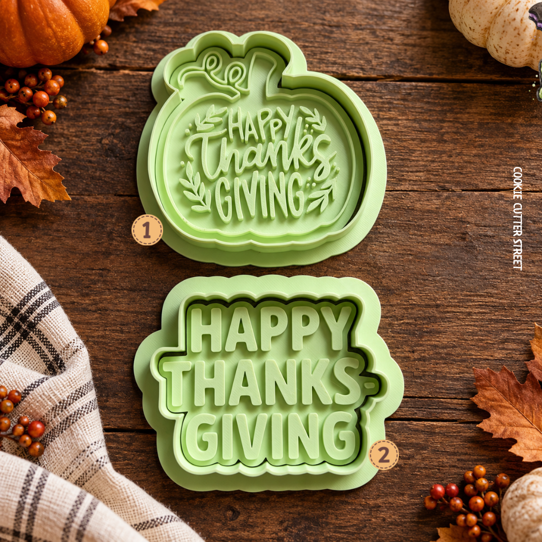 Happy Thanksgiving pumpkin and typography imprint icing stamps for autumn Thanksgiving fondant and cookie decorating