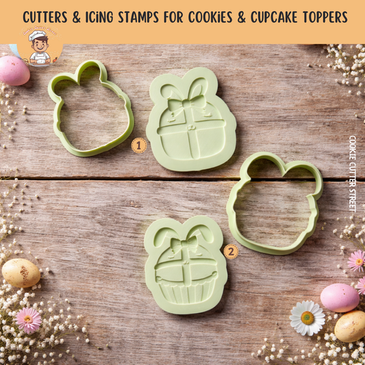 Hot cross bun bunny with bow and hot cross bun cupcake cookie cutters with matching multi-level icing stamps on a rustic wooden Easter background.