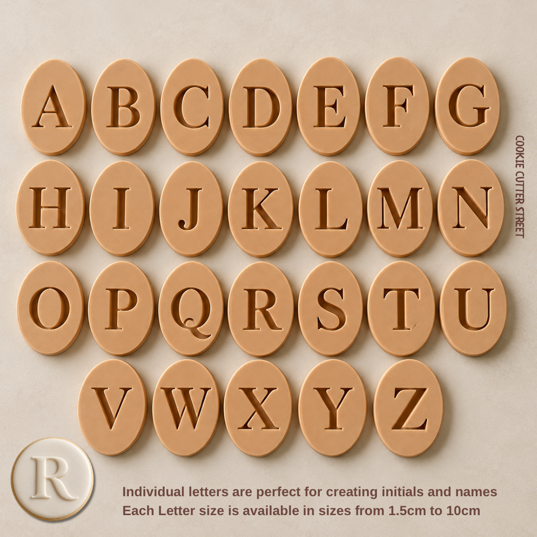 Individual A to Z alphabet letter popout icing stamps for creating raised initials names and personalised fondant cookie decorations