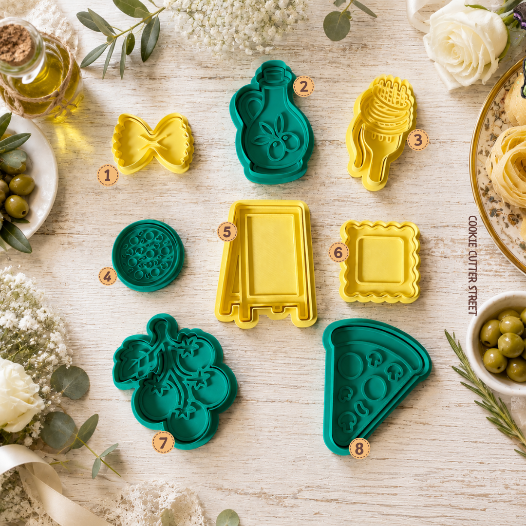 Italian pasta and pizza cookie cutters and imprint icing stamps featuring farfalle pasta, olive oil, spaghetti, olives, ravioli, tomatoes and pizza