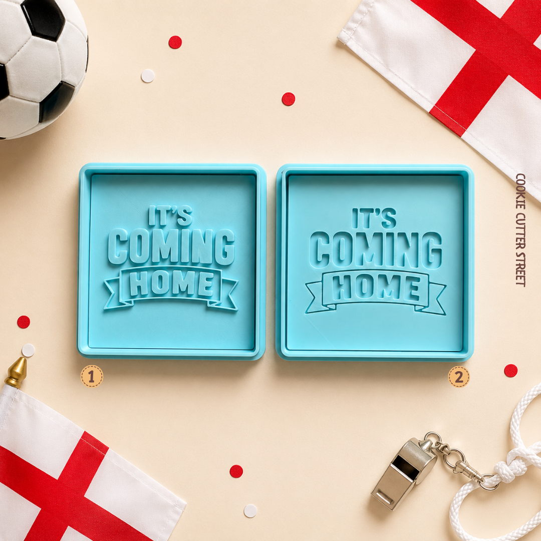 It’s Coming Home football cookie stamp available in imprint and raised effect styles for football-themed baking.